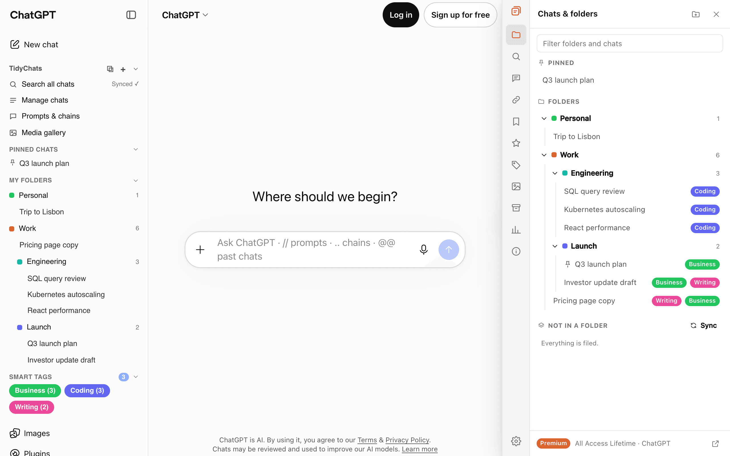 ChatGPT with TidyChats: folders and pinned chats in the sidebar and the TidyChats panel
