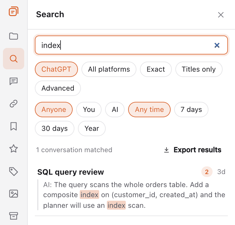 TidyChats search panel finding a message in past ChatGPT chats
