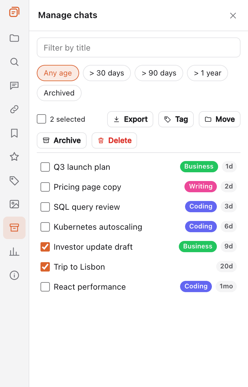TidyChats bulk manage view with several chats selected
